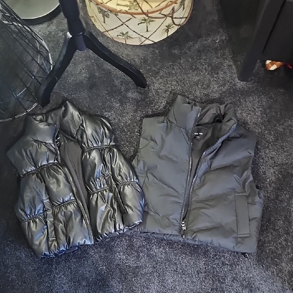Womens Black Puffer Vests Set. One Matte, One Pleather Looking.